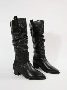 Sepatu Bot Tinggi Bergaya Barat dengan Ujung Lancip dan Detail Kerut, Koleksi Terbaru Musim Gugur/Dingin, Sepatu Bot Tinggi Hak Tebal Bergaya Inggris Klasik untuk Wanita - Hitam - View 5