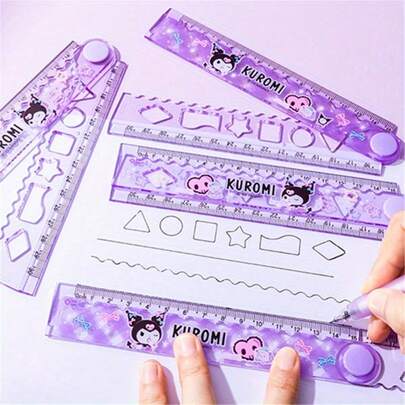 Sanrio Sanrio Kuromi And Friends Folding Ruler, 12 Inch Plastic Straight And Wavy Edge, Geometric Pattern Drawing And Office Supplies, Ideal Christmas And New Year Gift, Office Stationery Supplies