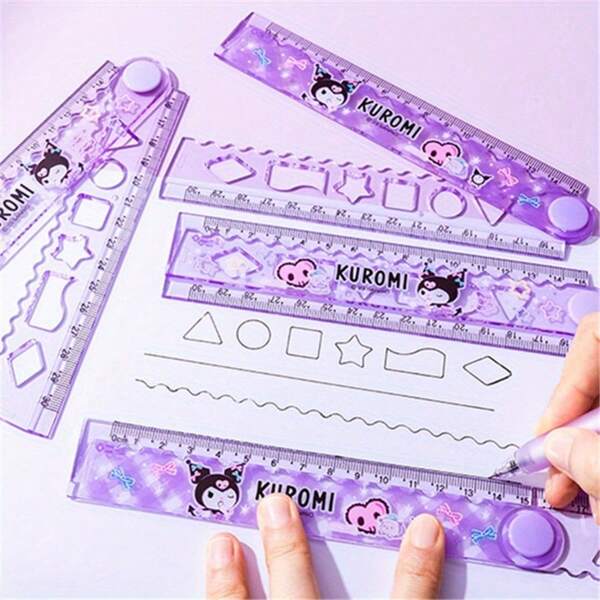Sanrio Sanrio Kuromi And Friends Folding Ruler, 12 Inch Plastic Straight And Wavy Edge, Geometric Pattern Drawing And Office Supplies, Ideal Christmas And New Year Gift, Office Stationery Supplies