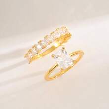 Cubic Zirconia Gold Rings Women Non Tarnish  Dainty 14K Gold Plated Stackable Princess Cut Engagement Ring Set Wedding Promise Rings Her Jewelry Size 6 8 9 10 11 - A-2pcs Square CZ Ring + 9 - View 3