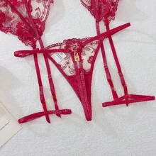 Sexy Lace See Through Mesh Provocative Lingerie Three Piece Set, Metal Buckle Decorative Shoulder Strap Bra+Thong+Leg Ring, Seductive Game Skirt, Couple Flirting Lingerie, Valentine's Day Gift - 酒紅色 - 查看 7