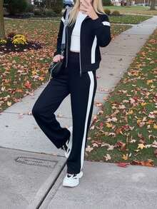 Casual Women's Fashion Commuter Suit, Comfortable Loose Splice Contrast Color Long Sleeve Jacket Top + Striped Contrast Color Straight Leg Pants 2 Pieces Set - Navy Blue - View 3