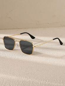 1 Pair Unisex Metal Square Double-Bridge Fashion Glasses, Eyewear For Street Style, Travel, Party - Gold - View 7