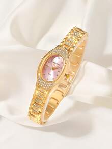 CARYINO 1pc Luxury Oval Dial Watch With Rhinestone Decor Elegant Strap, Fashion Chic Ladies Accessory Watch, Suitable For Daily Wear, Parties, Outfits, Birthday Gift