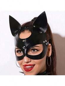 1pc Black Synthetic Leather Cat Mask With Ear Holes - Gothic Punk Style Halloween Party, Carnival Masquerade And Adult Costume Accessory; Cat Themed Mask; Bold And Fashionable Mask - Multicolor - View 8