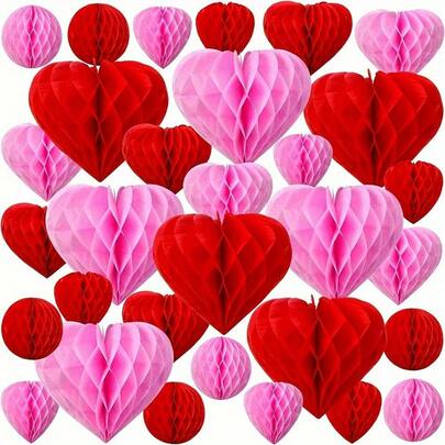 8pcs Heart Honeycomb Party Decorations Red Pink White Tissue Paper Heart Shaped Pom Poms Decoration Valentine Hanging Decorations For Birthday Wedding