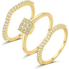 Cubic Zirconia Gold Rings Women Non Tarnish  Dainty 14K Gold Plated Stackable Princess Cut Engagement Ring Set Wedding Promise Rings Her Jewelry Size 6 8 9 10 11 - D-3 pcs Cincin Janji + 10 - View 1