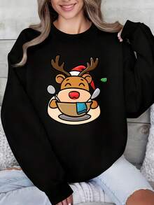 Women's Round Neck Sweatshirt In Black And White, Reindeer In Soup Bowl With Spoon Christmas Day Outfit - Black - View 1