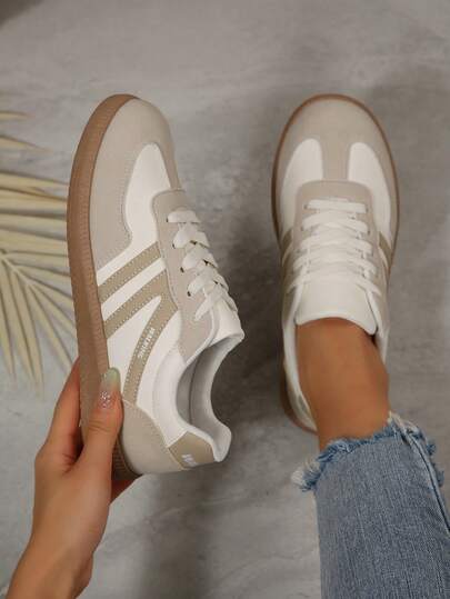 卡其色平底休闲运动鞋 系带运动鞋 拼接设计 柔软皮革 返校学院风一脚蹬休闲鞋 舒适休闲时尚跑步运动鞋