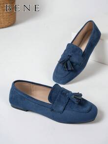 Women's Elegant Square Flat Green Suede Tassel Floral Pendant Loafers, Suitable For Spring, Summer, Autumn And Winter - Blue - View 4