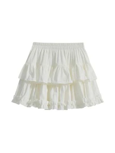 白色芭蕾舞裙式A字荷叶边修身迷你裙，秋季女装