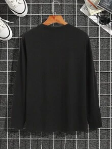 Men's Casual Long Sleeve Round Neck T-Shirt, Polyester Knit Fabric, Slightly Stretchy, Regular Fit, With Japanese Print, Suitable For Autumn - 黑色 - 查看 4