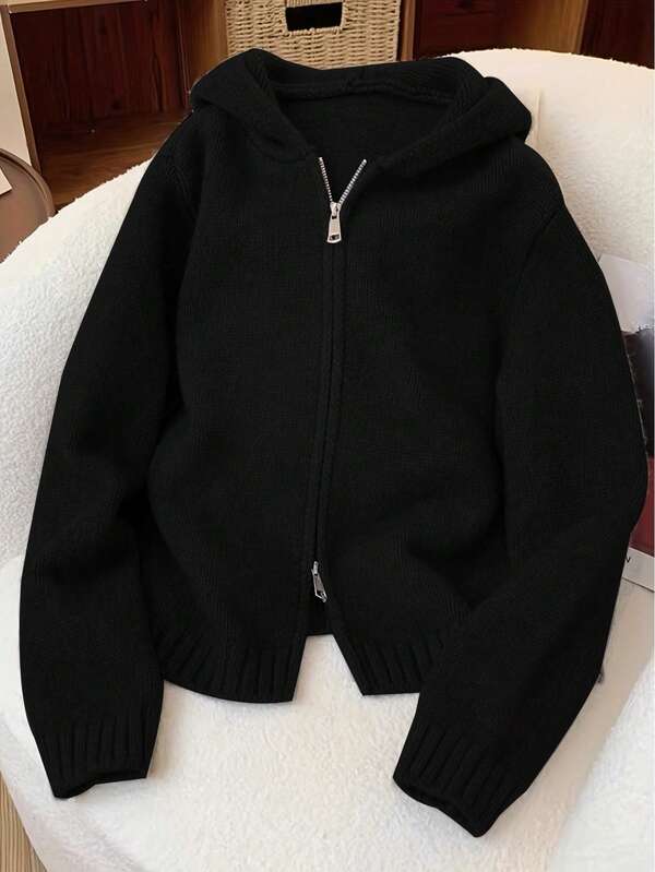 Cardigan à capuche en tricot ample avec fermeture éclair pour femmes