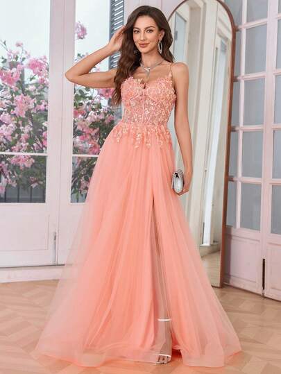 Coral Orange Luxury Lace Prom Dresses Long For Women With High Slit Elegant V-Neck Tulle Homecoming Party Gowns For Teens