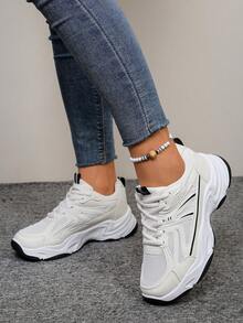 Sneaker da donna con punta tonda e design con lacci, in stile patchwork con colori a contrasto e rete traspirante, minimalista e chic, suola spessa versatile, adatta per studenti, lavoro, casual, viaggi