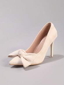 女士蝴蝶结高跟鞋，性感尖头超高跟鞋，缎面正式婚礼晚宴细高跟鞋 - 米色 - 查看 11