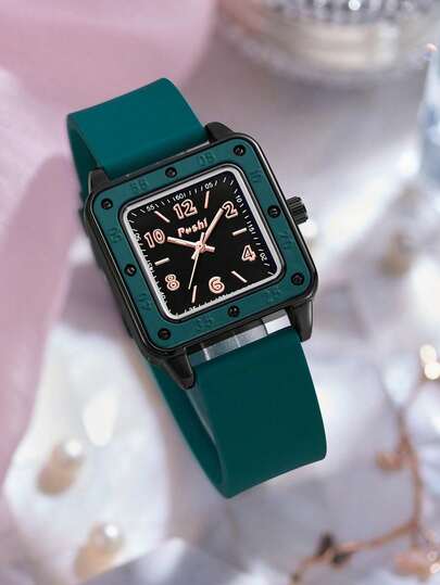 Poshi 1pc Women's Casual Square Quartz Watch With Soft Silicone Strap