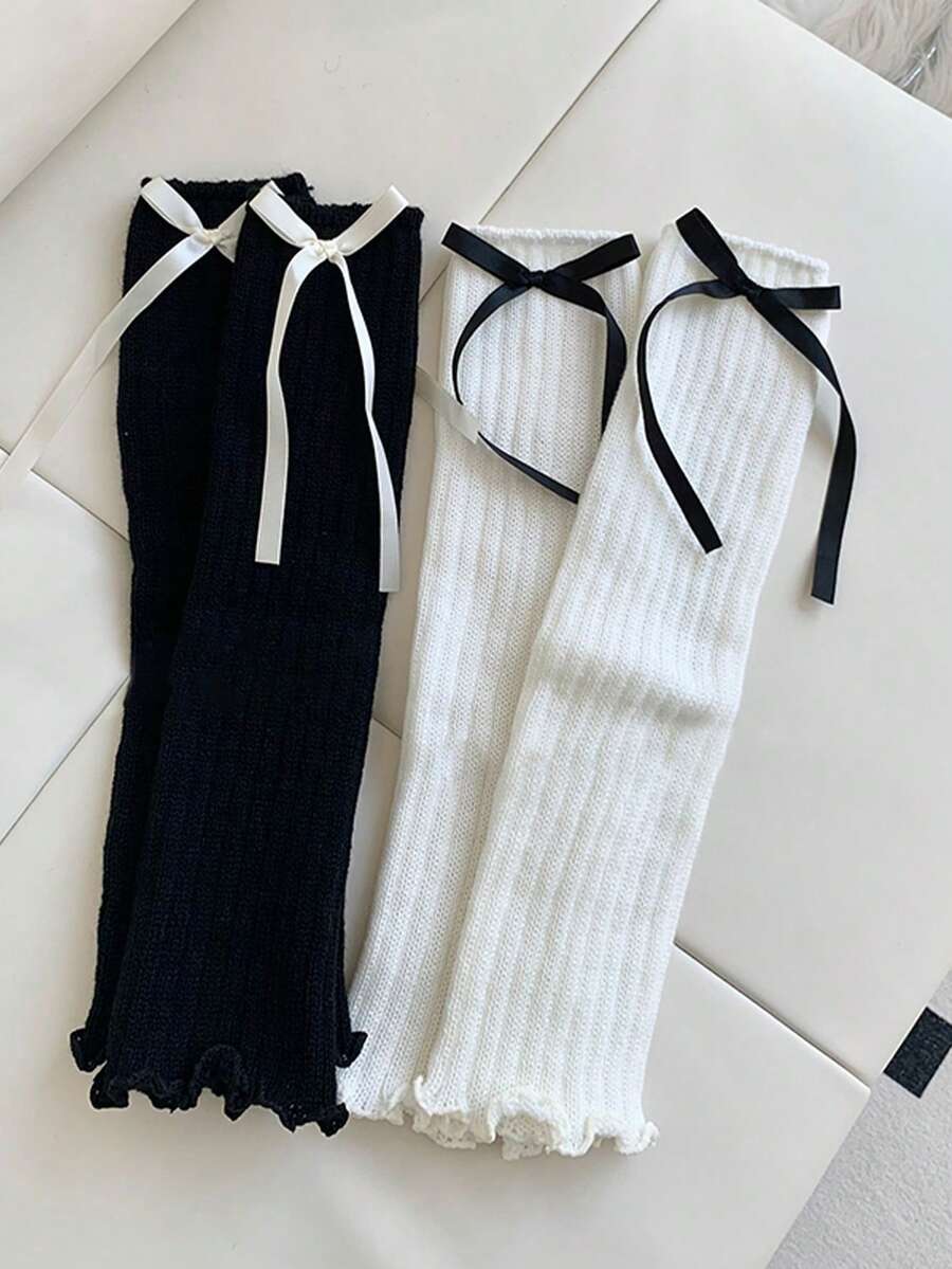 2 Pairs Women's Cozy Autumn/Winter Sweet Bow Thick Warm Fashion JK Style Over-The-Knee Leg Warmers