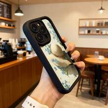Phone Case With Black Border And Blue Floral Design With Straw Hat For Women, Elegant Spring Style, Ideal For Daily Use In Cafes And Outdoor Outings Suitable For Apple Series Phones - Burgundy - View 6