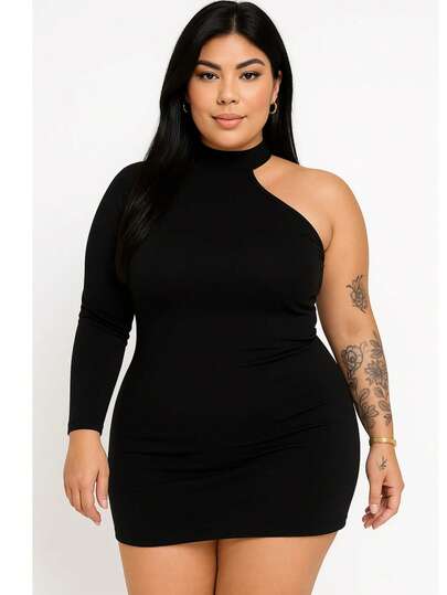 Vestido Uma Manga Gola Alta  Moda Plus Size