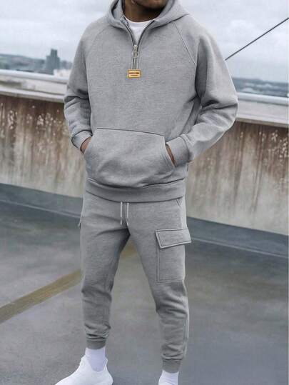 Men's Casual Thermal Lined Hooded Sweatshirt And Pants Set, Warm And Sporty