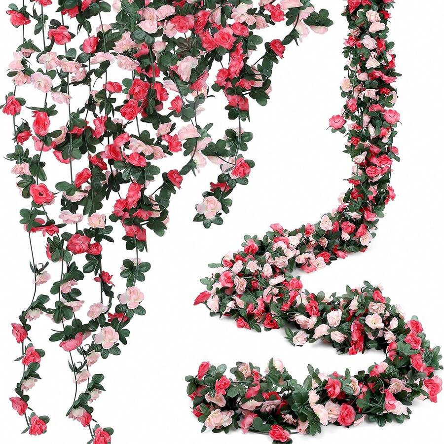 1个仿真花环，玫瑰藤蔓，丝绸质感花朵和叶子，悬挂式玫瑰花环，适用于房间装饰、墙面背景、婚礼拱门、派对背景 - 玫粉色 - 查看 1