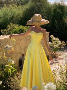 Robe d'été jaune canari boho pour femmes, décolletée avec volants, fermeture éclair dans le dos pour un enfilage facile. Convient pour les vacances à l'île, la plage, les festivals de musique/concerts et le port quotidien