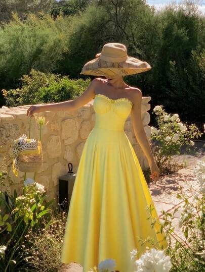 Women's Boho Butter Yellow Vacation Sexy Solid Yellow Ruffle Hem Strapless Dress, Zip Back Dress For Easy Wear, Suitable For Island Beach Vacation Travel, Music Festival/Concert, Daily Wear
