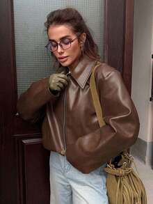 جاكيت كاجوال من جلد البولي يوريثان بجيب وسحاب للنساء - بني - مشاهدة 4