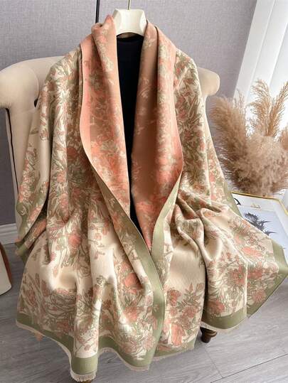 1pc Women's Faux Cashmere Plant Pattern Jacquard Warm Scarf Shawl, Suitable For Daily Use In Autumn/Winter