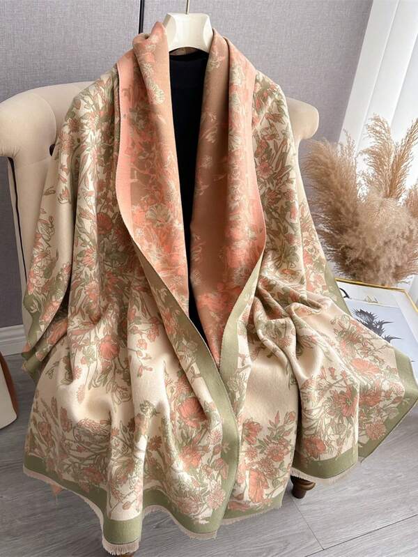 1pc Women's Faux Cashmere Plant Pattern Jacquard Warm Scarf Shawl, Suitable For Daily Use In Autumn/Winter