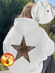 1pc Casual Leopard Star Print Thermal Lined Sweatshirt, Suitable For Girls And Tween Girl, Essential For Students In Autumn/Winter, Suitable For Young Children, Long Sleeve Thickened Design, Designed For Dreamers Chasing The Starlight!