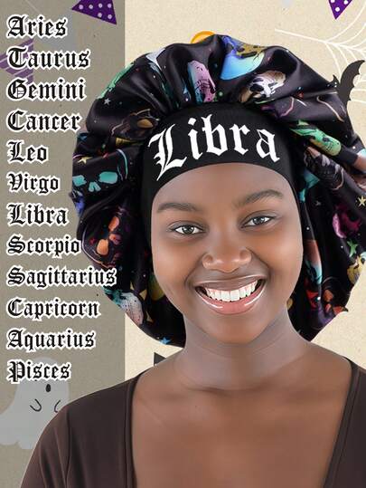 1PC Skull Printed Constellation Women'S Elegant Sleep Cap - Soft Breathable Satin Night Hat With All-Season Comfort For Women, Machine Washable Hair Cover For Women Loc Cap Bonnet Extra Long Braid Shower Cap