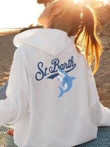 Back Panel, Saint Barth, Shark Print Hoodie, Drawstring Casual Hooded Sweatshirt, Suitable For Winter And Autumn, Women's Clothing. - 白色 - 查看 6