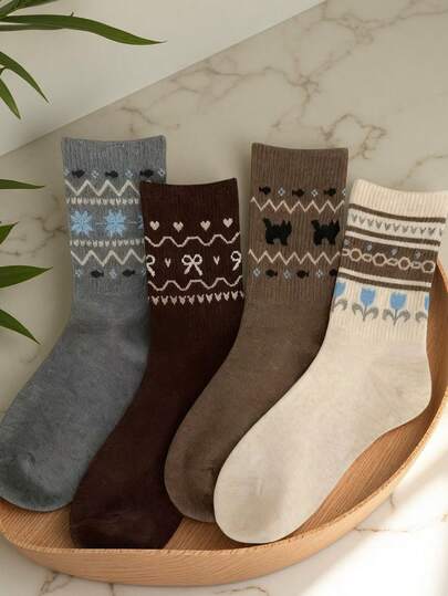 4 Pairs Autumn/Winter Warm Thick Fair Isle Socks For Women, New Retro Ins Style Crew Socks