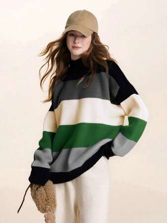 街头风格拼色高领条纹撞色罗纹针织套头衫，女士时尚休闲宽松长袖针织上衣