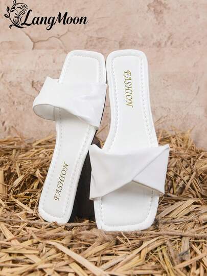 2025 New Arrival High-End White Simple Comfortable Versatile Bestselling Pleated/Bow Accent, Fashionable Premium Leather-Feel Solid Color Ladies Sandals/Slippers, Versatile Comfortable Sexy Cute Ins Style, Suitable For Vacation, Beach, Daily Wear, Commute, Outing, Wedding, Party And More, Multiple Color Options, Ideal For Wedding Season, Halloween, Christmas Shopping