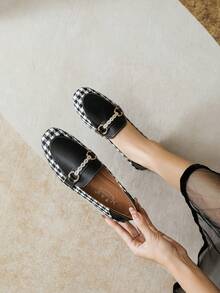 Mengshangli Square Toe Flat Shoes, Solid Color Preppy Style Vintage Chic Metallic Fashion Retro Flats, Suitable For Office, Party, All Seasons,Loafers - Black - View 3