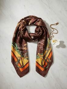 Women's Satin Scarf Neck Head Square 90x90 Printed Elegant Satin Elegance Scarf - 鏽棕色 - 查看 5