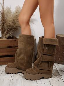 Autumn/Winter New Brown Fashion Boots, Versatile Thick Sole Vintage European Style Pocket Pleated Feeling Fashion Boots, Slimming, Fashionable, Elegant, Comfortable Women Boots - Khaki - View 7