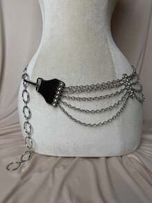 1件纯色休闲朋克复古街头PU皮革多层水钻链条吊坠女式腰带，Y2K美式性感复古风腰链，百搭裙装、裤装，适合万圣节、圣诞节、复活节等节日佩戴。 - 黑色 - 查看 10