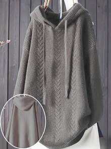 Plus Size Solid Color Casual Drawstring Hoodie Pullover Long Sleeve Sweatshirt, Autumn/Winter - Beizhong Flower Gray - View 1