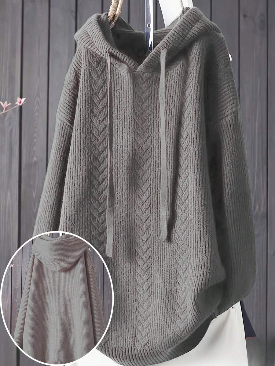Plus Size Solid Color Casual Drawstring Hoodie Pullover Long Sleeve Sweatshirt, Autumn/Winter - Beizhong Flower Gray - View 1