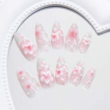 24pcs Pink Flower Press On Nails Medium Almond Nails With 3D Pearl Designs Cute Floral False Nails Kit Flowers Acrylic Nail Tips Full Cover Stick On Nails Women Nail Art Decoration - 萬聖節-17 - 查看 6
