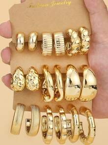 9pairs Fashionable And Elegant New Style Multi-Combination Shape Gold-Plated Plastic Earrings Set,The First Choice For Daily Matching And Gifting