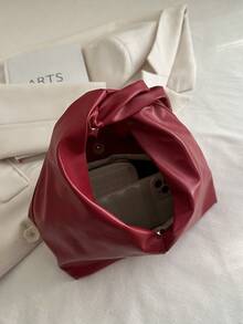 Fashionable Versatile Solid Color New PU Leather Shoulder Bag, Casual Minimalist Baguette Small Handbag For Women - Red - View 3