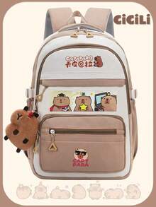 1 Pc Cute Capybara Pattern School Bags. Large Capcity Lively Student Bag With Multi Pockets.Fashionable School Bag With Capybara Pendant.Practical Handbag With Lovely Decorative Patterns . - Multicolor - View 2