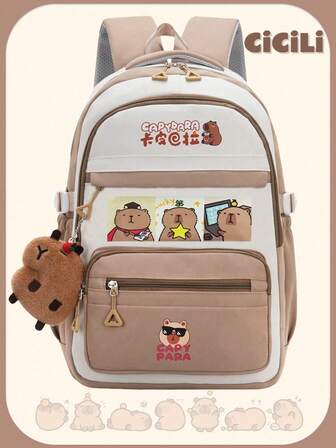 1 件可爱水豚图案书包。大容量活泼学生包，多口袋。时尚书包，带水豚吊坠。实用手提包，带有可爱的装饰图案。