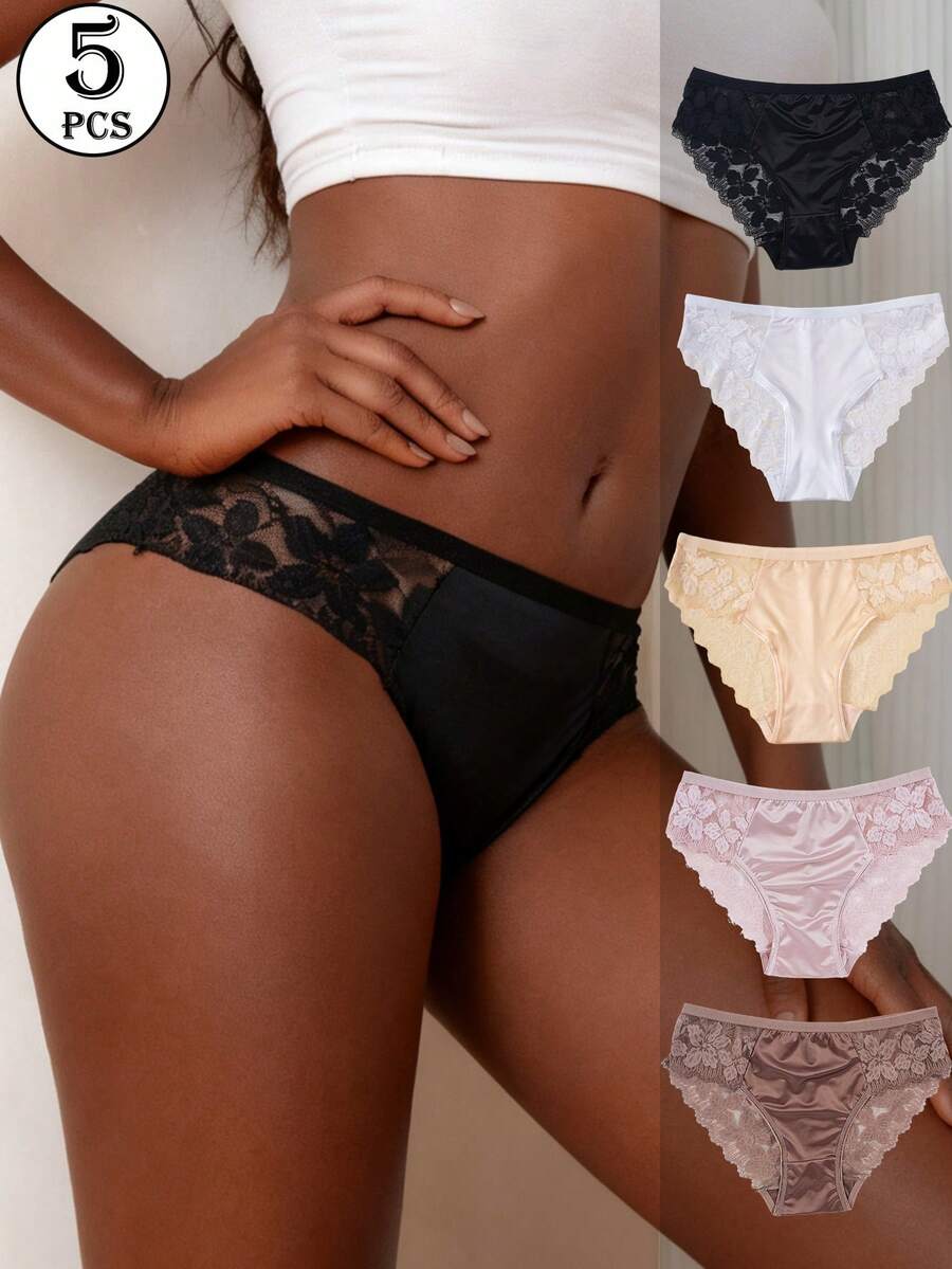 5 Packs Lace Patchwork French Lace Style Women's Briefs - Multicolor - View 1