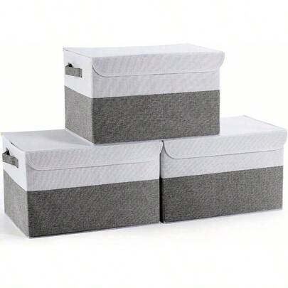 3 Pack Foldable Storage Box With Lids And Handles, L38x W25x H25, Linen Organizers, Clothes Organizers Basket, Capacity 24 L Gray+ White